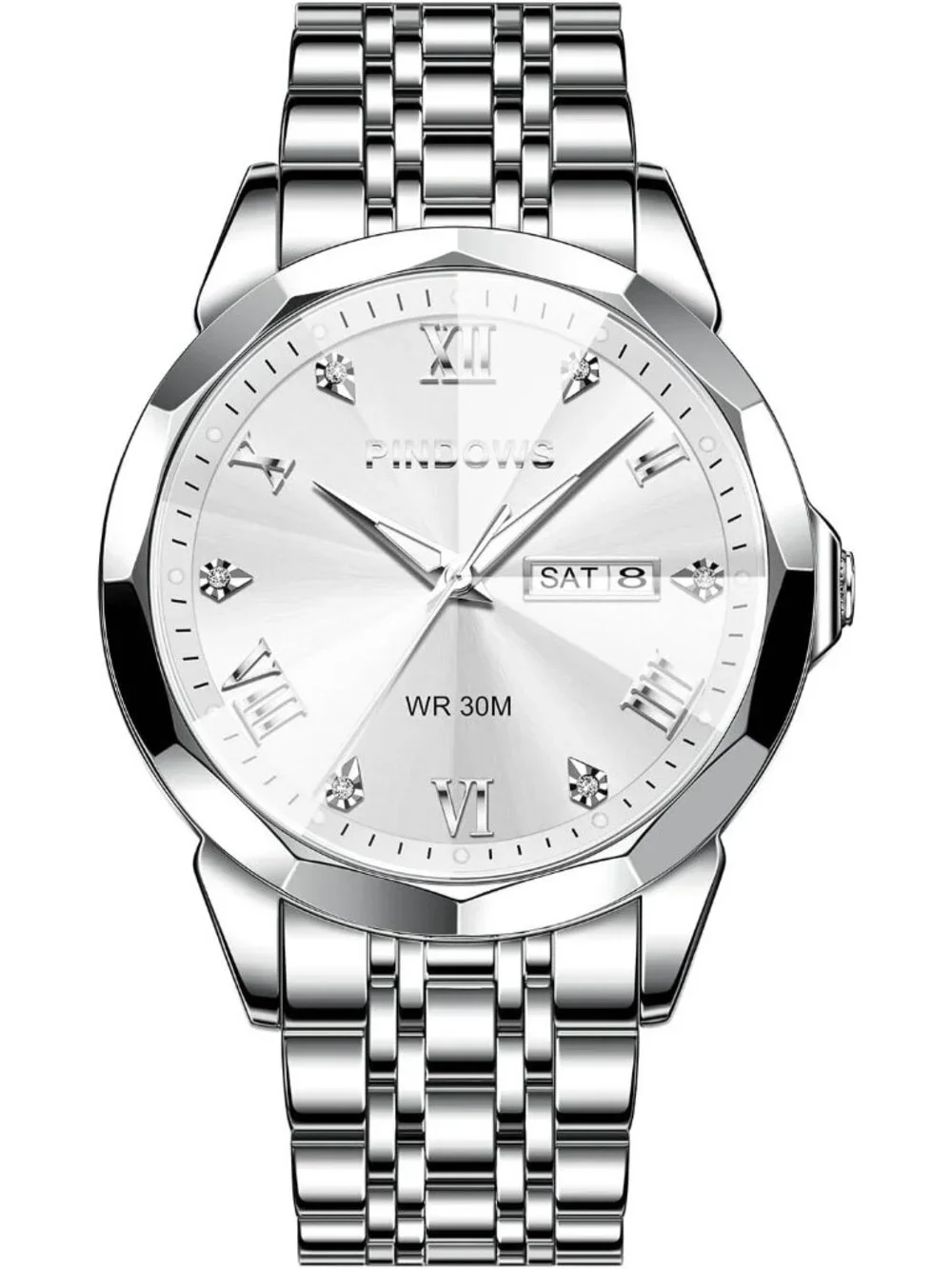 Men's Full Silver Classic Quartz Watch Stainless Steel Diamond Dial Wrist Watch